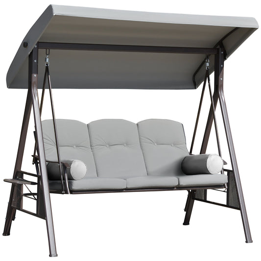 3 Seater Porch Swing Heavy Duty Outdoor Swing Chair Outdoor Lounge Hammock Cushioned Seat w/ Tilt Canopy, Light Grey