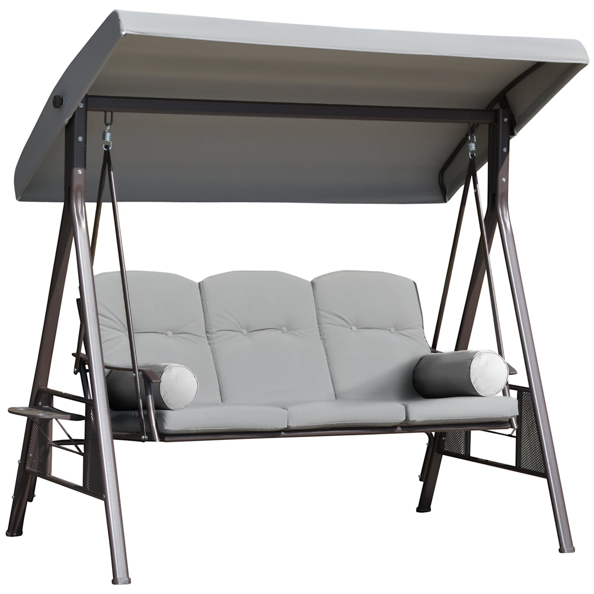 3 Seater Porch Swing Heavy Duty Outdoor Swing Chair Outdoor Lounge Hammock Cushioned Seat w/ Tilt Canopy, Light Grey