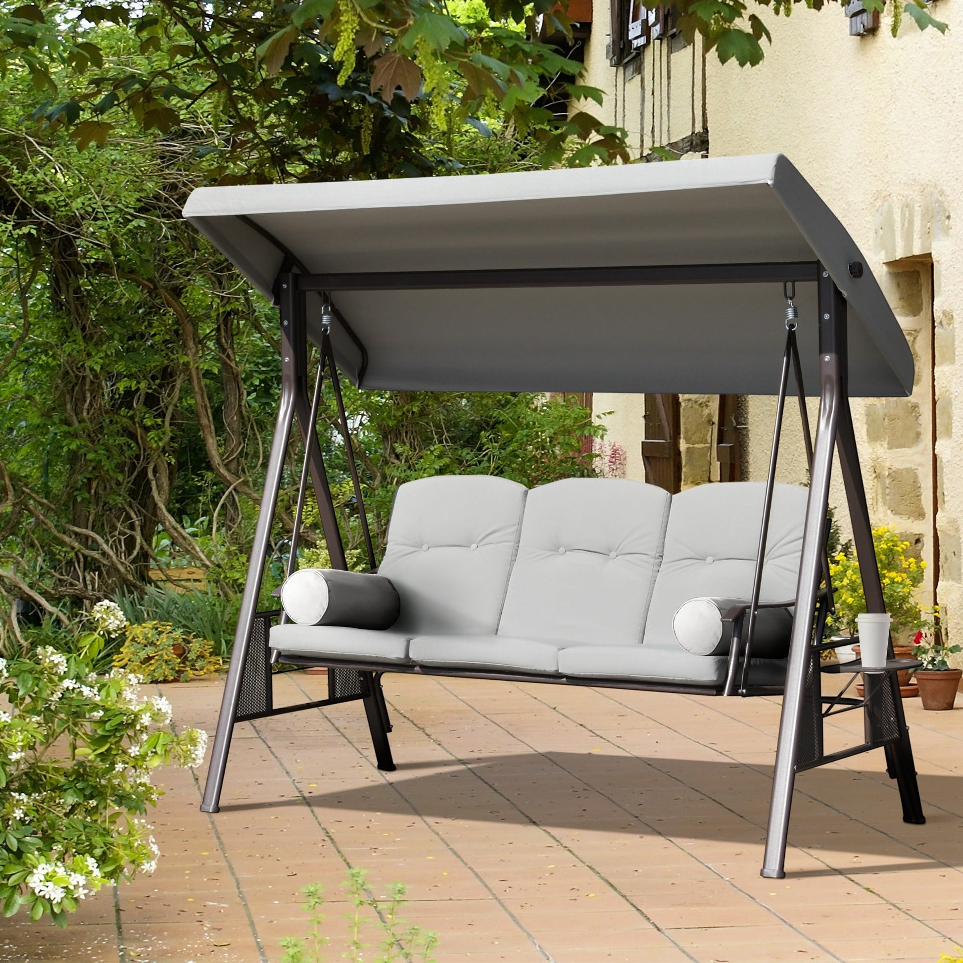 3 Seater Porch Swing Heavy Duty Outdoor Swing Chair Outdoor Lounge Hammock Cushioned Seat w/ Tilt Canopy, Light Grey