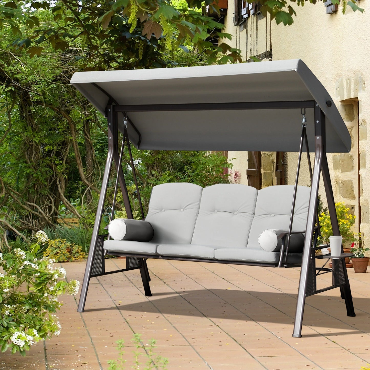 3 Seater Porch Swing Heavy Duty Outdoor Swing Chair Outdoor Lounge Hammock Cushioned Seat w/ Tilt Canopy, Light Grey