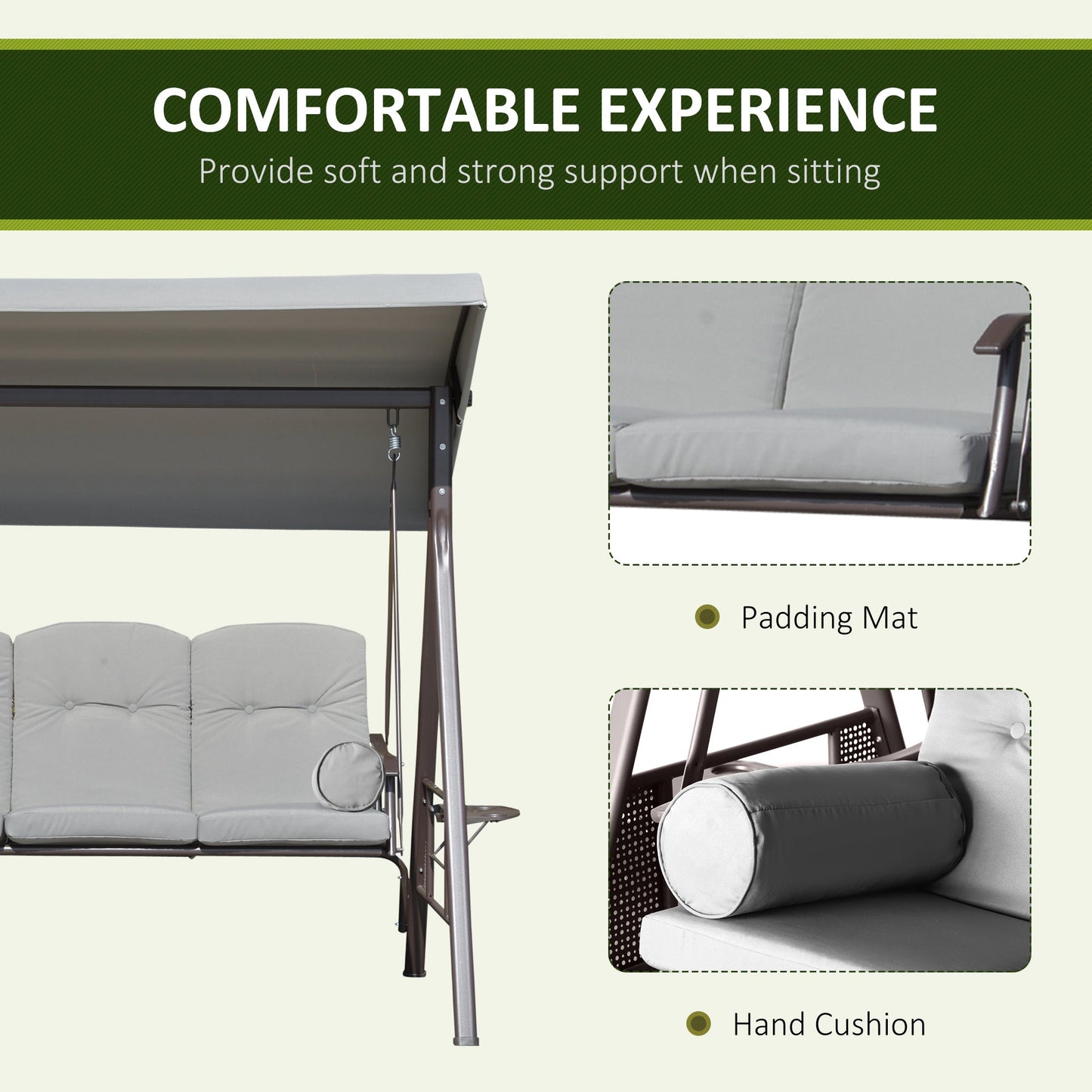 3 Seater Porch Swing Heavy Duty Outdoor Swing Chair Outdoor Lounge Hammock Cushioned Seat w/ Tilt Canopy, Light Grey