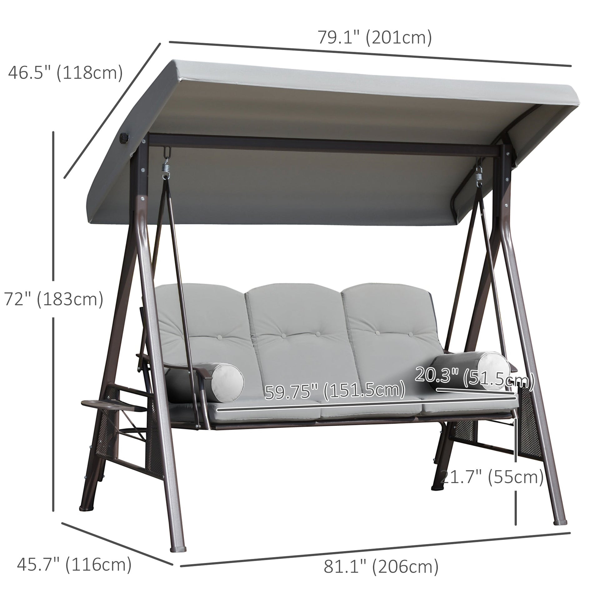 3 Seater Porch Swing Heavy Duty Outdoor Swing Chair Outdoor Lounge Hammock Cushioned Seat w/ Tilt Canopy, Light Grey