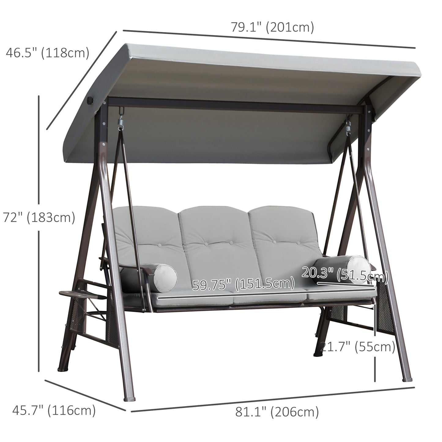 3 Seater Porch Swing Heavy Duty Outdoor Swing Chair Outdoor Lounge Hammock Cushioned Seat w/ Tilt Canopy, Light Grey