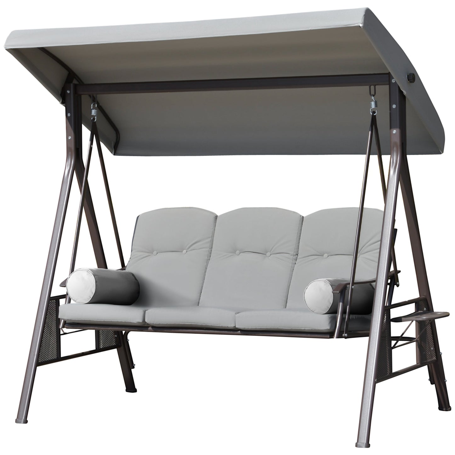 3 Seater Porch Swing Heavy Duty Outdoor Swing Chair Outdoor Lounge Hammock Cushioned Seat w/ Tilt Canopy, Light Grey