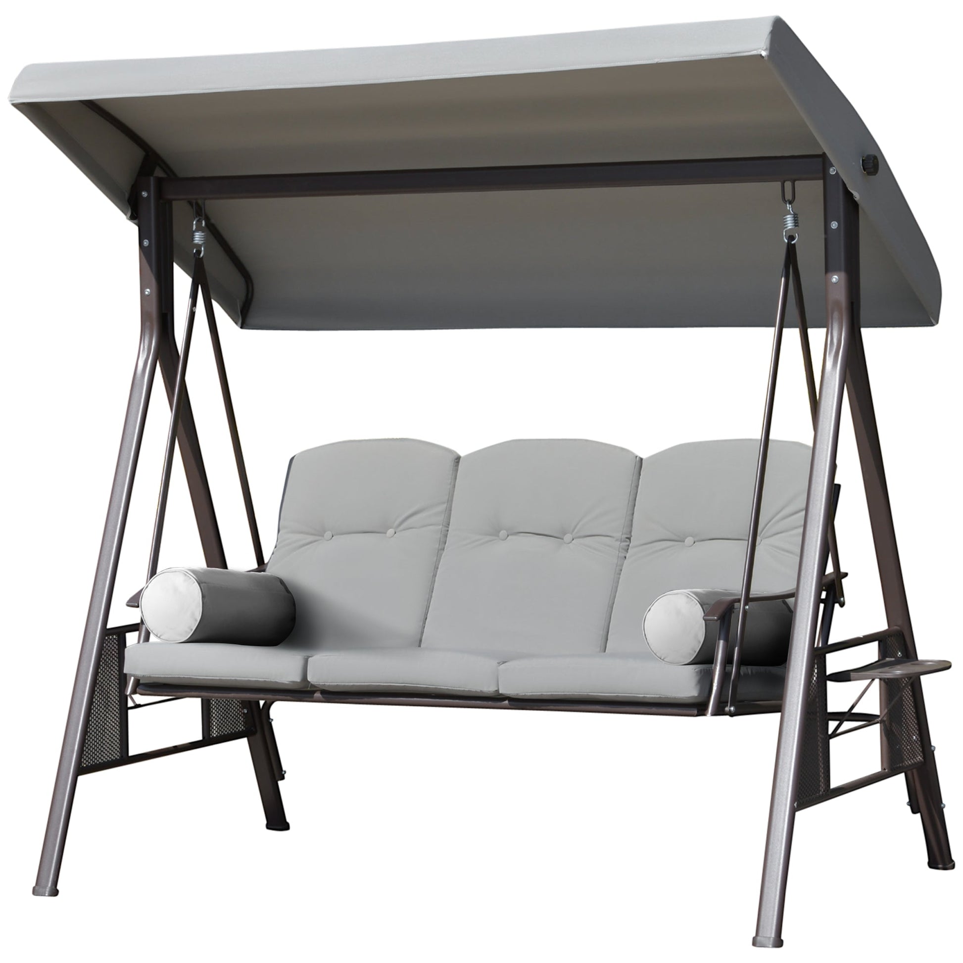 3 Seater Porch Swing Heavy Duty Outdoor Swing Chair Outdoor Lounge Hammock Cushioned Seat w/ Tilt Canopy, Light Grey