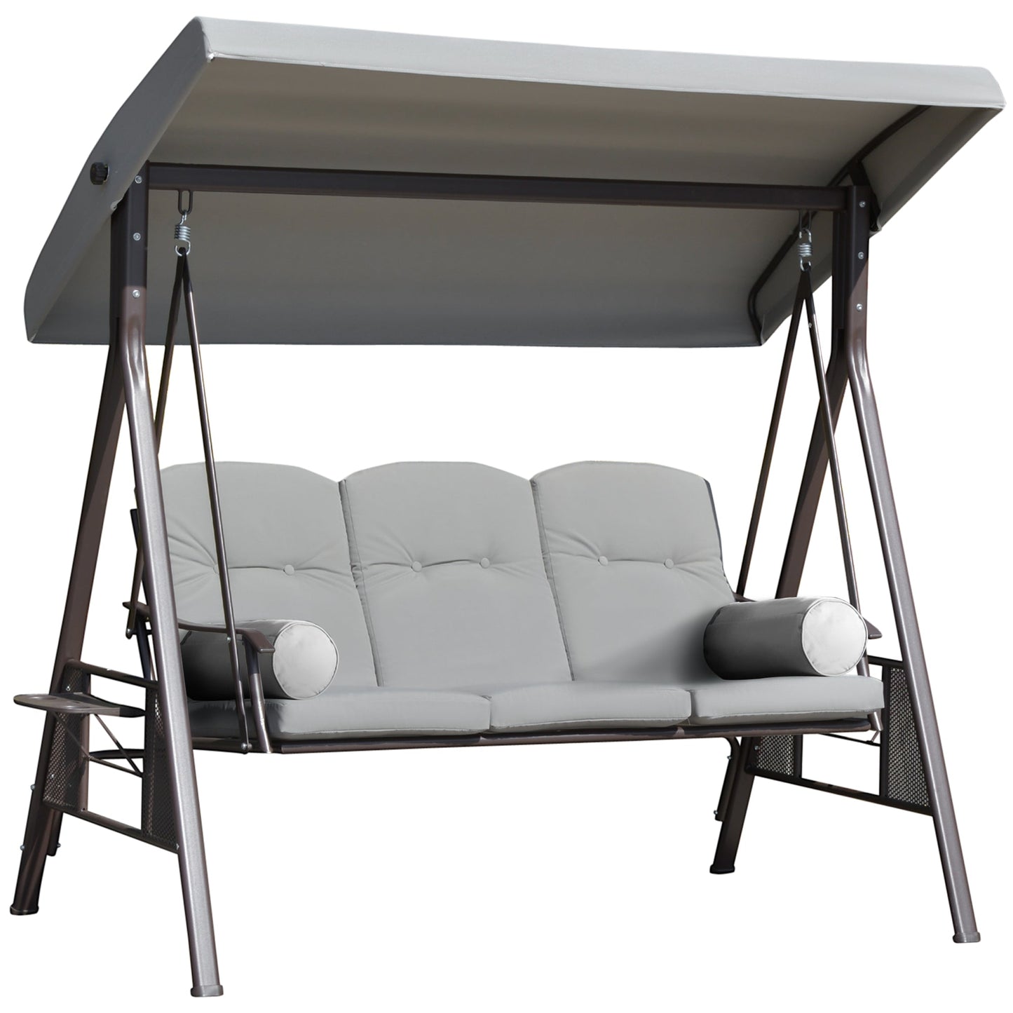 3 Seater Porch Swing Heavy Duty Outdoor Swing Chair Outdoor Lounge Hammock Cushioned Seat w/ Tilt Canopy, Light Grey