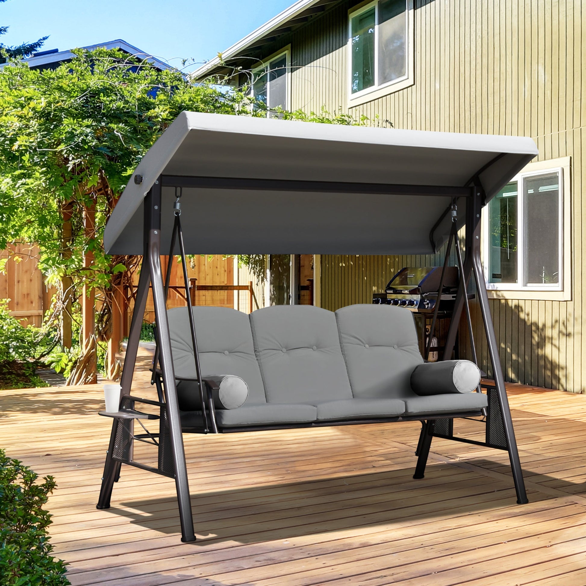 3 Seater Porch Swing Heavy Duty Outdoor Swing Chair Outdoor Lounge Hammock Cushioned Seat w/ Tilt Canopy, Light Grey