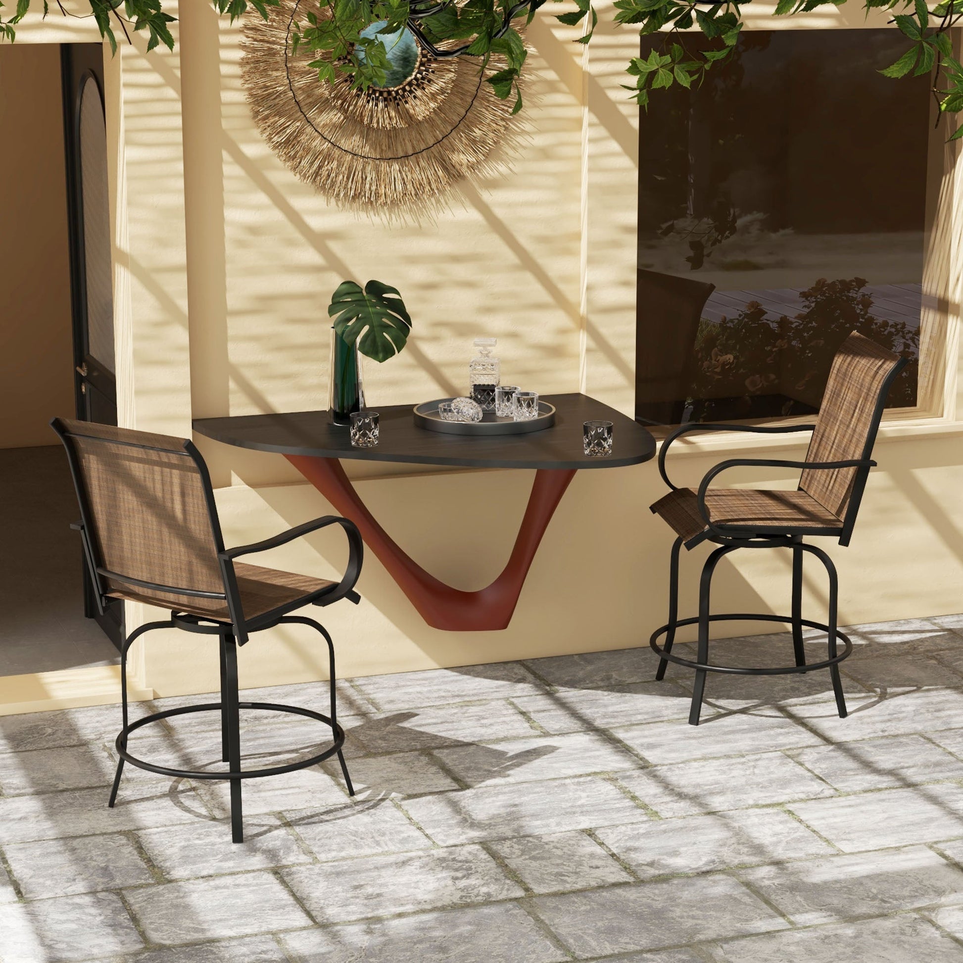Outdoor Bar Stools Set of 2 with Armrests, 360° Swivel Bar Height Patio Chairs with Mesh Fabric, Steel Frame Dining Chairs, for Balcony, Poolside, Backyard, Brown