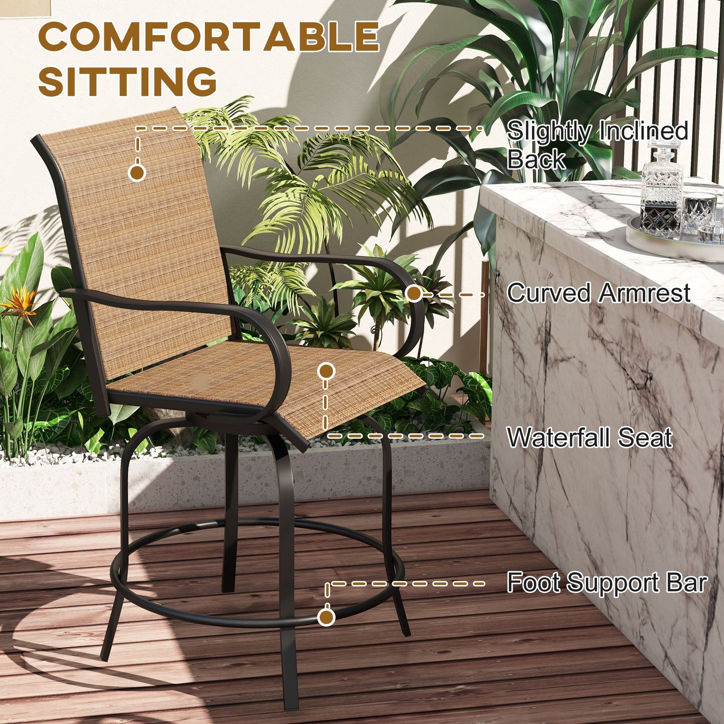 Outdoor Bar Stools Set of 2 with Armrests, 360° Swivel Bar Height Patio Chairs with Mesh Fabric, Steel Frame Dining Chairs, for Balcony, Poolside, Backyard, Brown