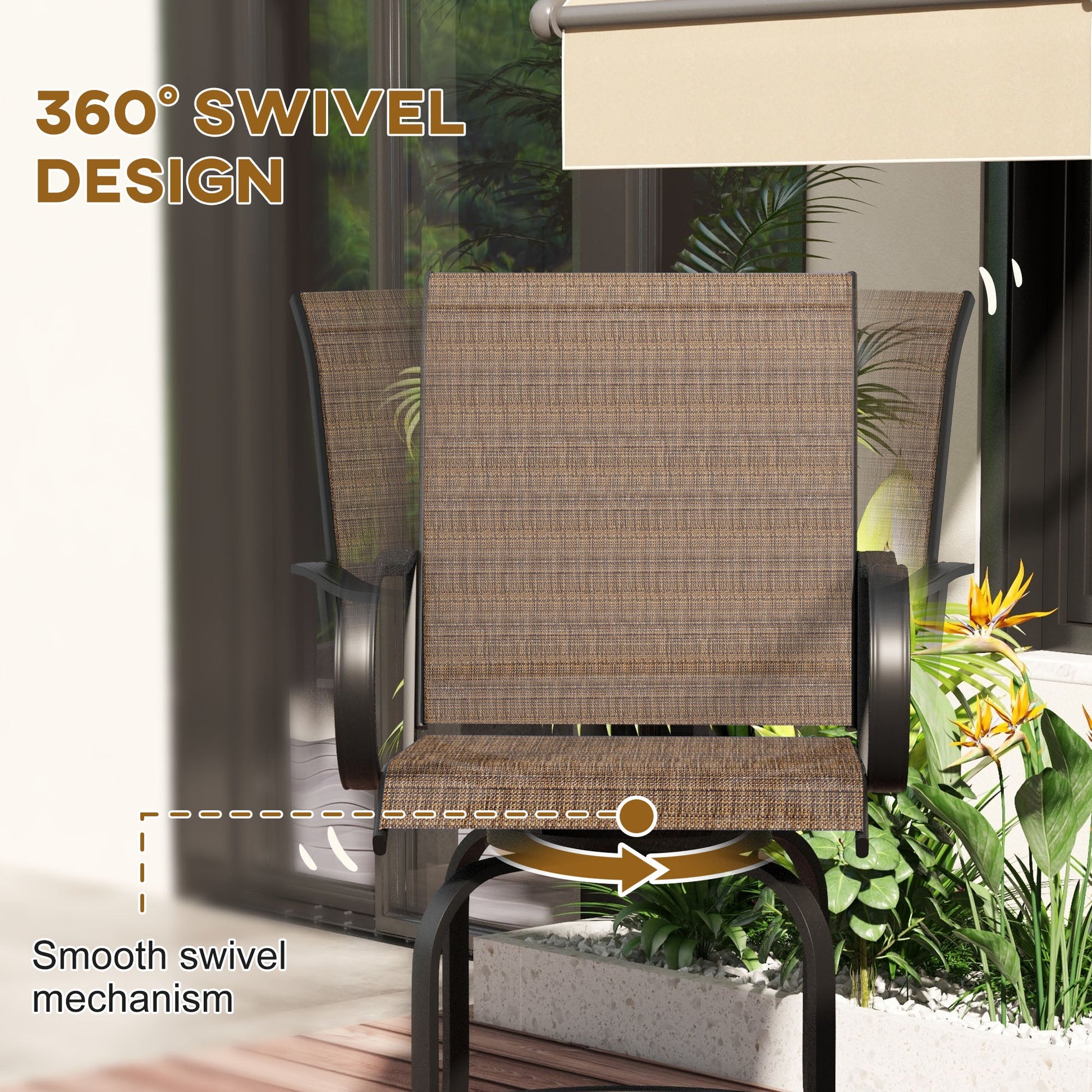 Outdoor Bar Stools Set of 2 with Armrests, 360° Swivel Bar Height Patio Chairs with Mesh Fabric, Steel Frame Dining Chairs, for Balcony, Poolside, Backyard, Brown