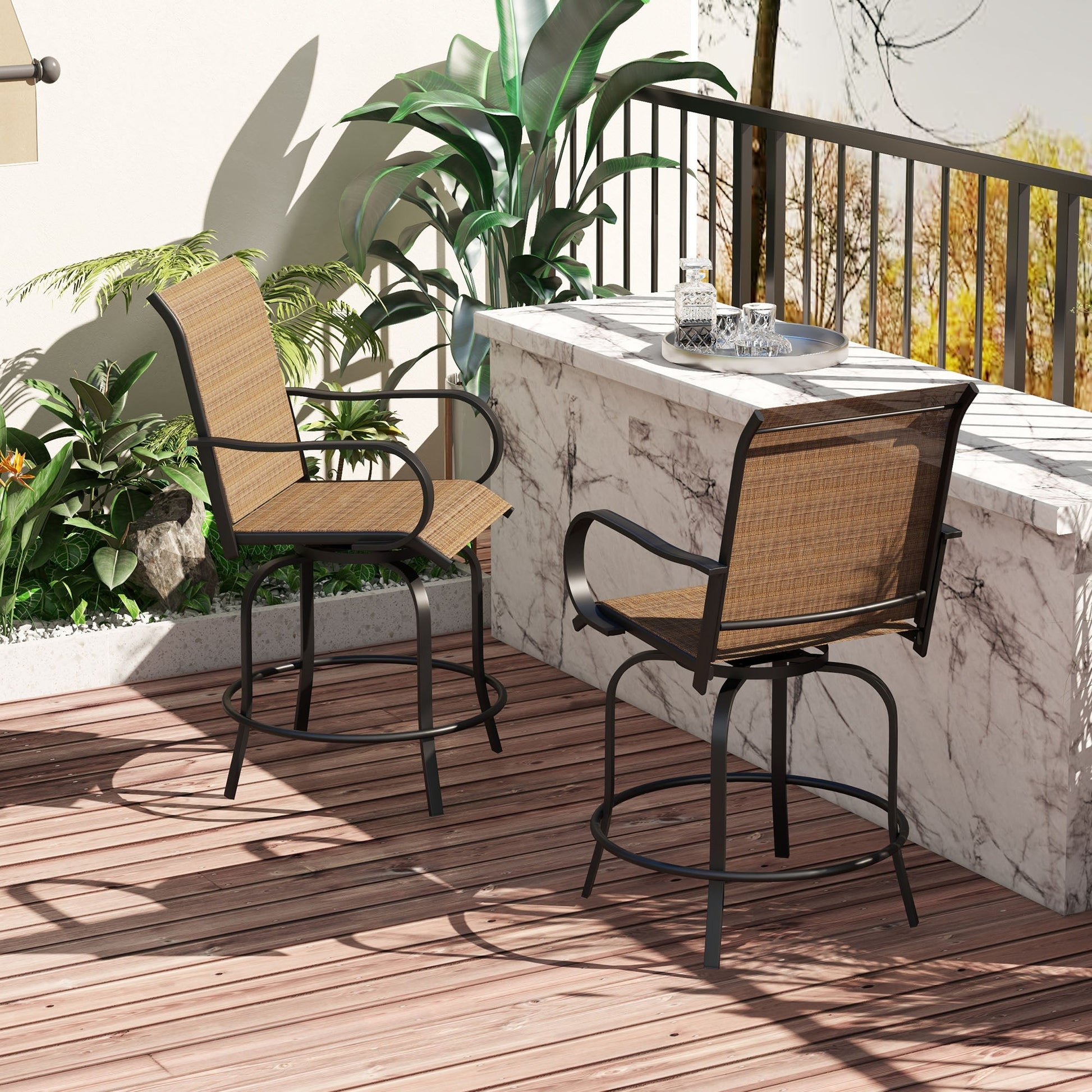 Outdoor Bar Stools Set of 2 with Armrests, 360° Swivel Bar Height Patio Chairs with Mesh Fabric, Steel Frame Dining Chairs, for Balcony, Poolside, Backyard, Brown