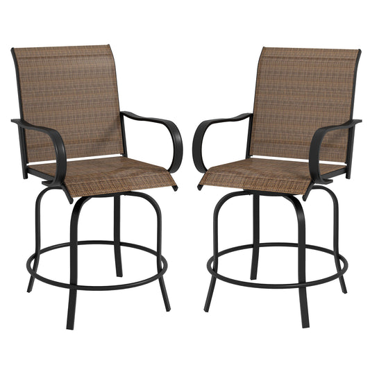 Outdoor Bar Stools Set of 2 with Armrests, 360° Swivel Bar Height Patio Chairs with Mesh Fabric, Steel Frame Dining Chairs, for Balcony, Poolside, Backyard, Brown