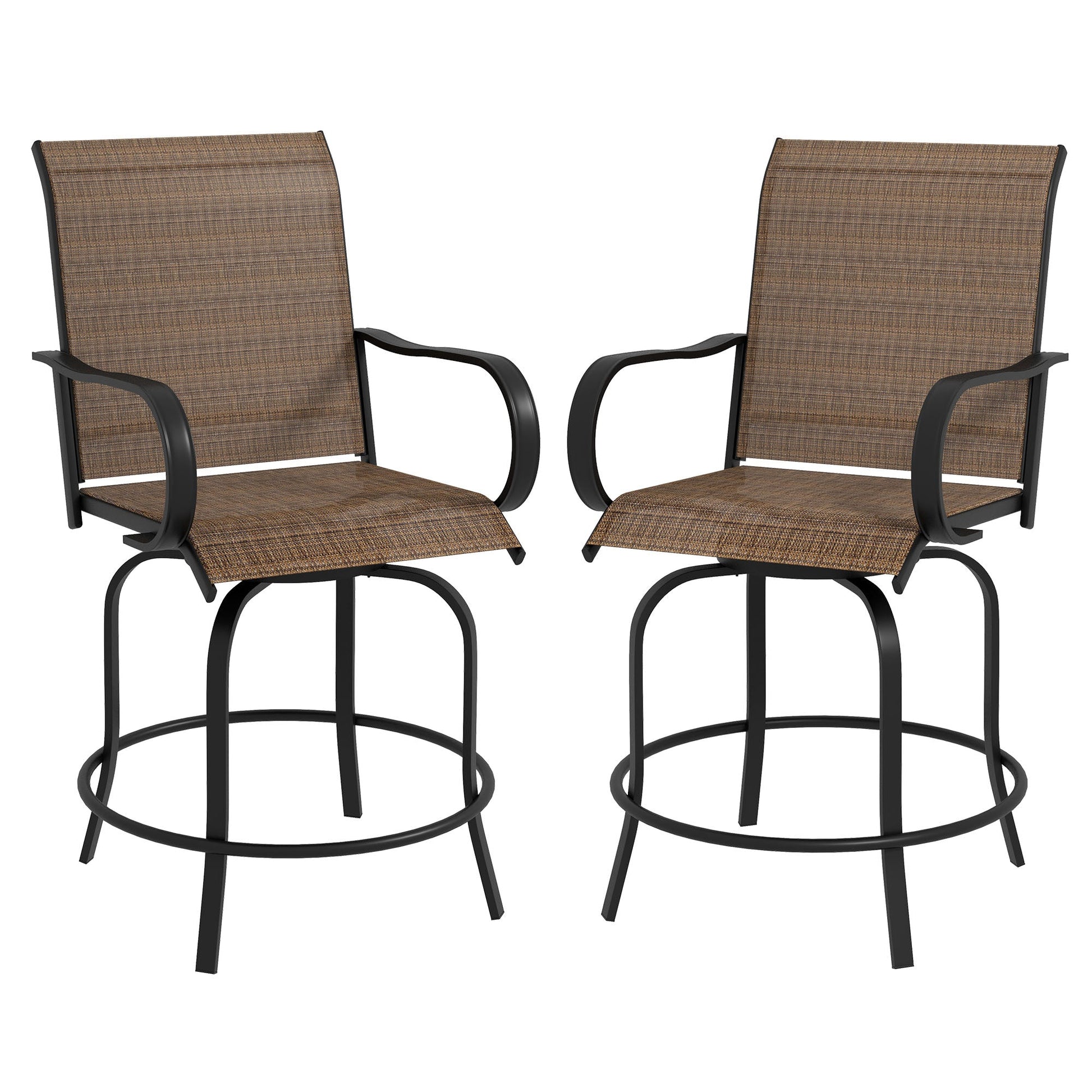 Outdoor Bar Stools Set of 2 with Armrests, 360° Swivel Bar Height Patio Chairs with Mesh Fabric, Steel Frame Dining Chairs, for Balcony, Poolside, Backyard, Brown