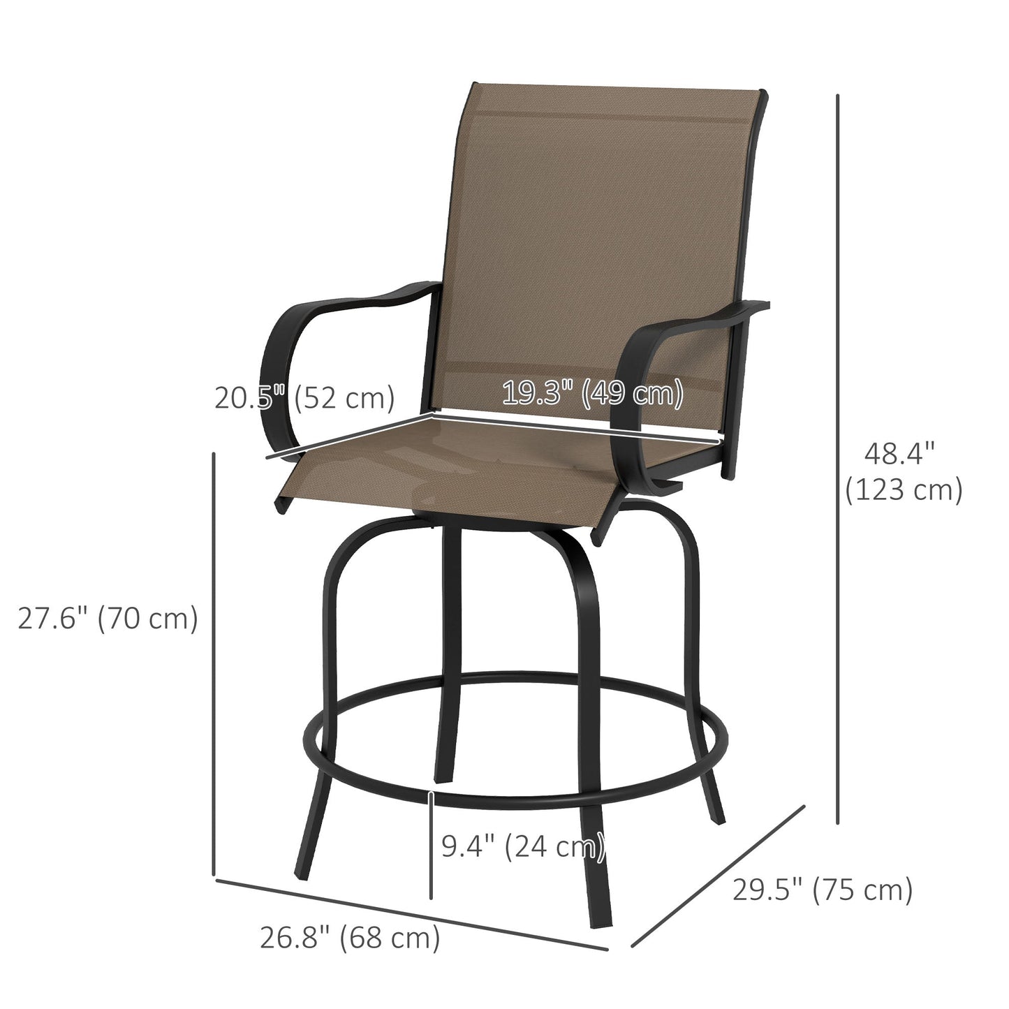 Outdoor Bar Stools Set of 2 with Armrests, 360° Swivel Bar Height Patio Chairs with Mesh Fabric, Steel Frame Dining Chairs, for Balcony, Poolside, Backyard, Brown