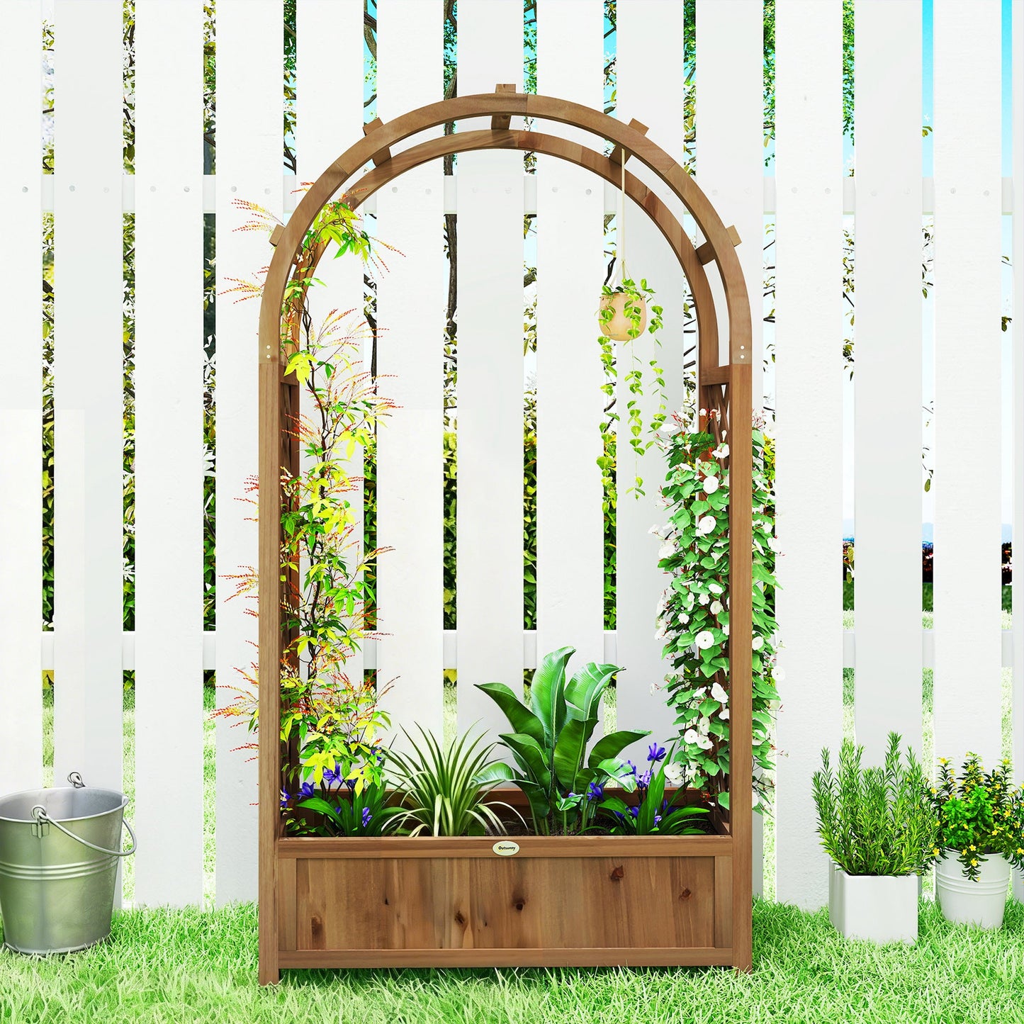 Raised Garden Bed with Arch Trellis, 59.8" Freestanding Garden Planter Box, Outdoor Planter Container for Vine Climbing Plant Flower Herb, Dark Brown Wood Effect