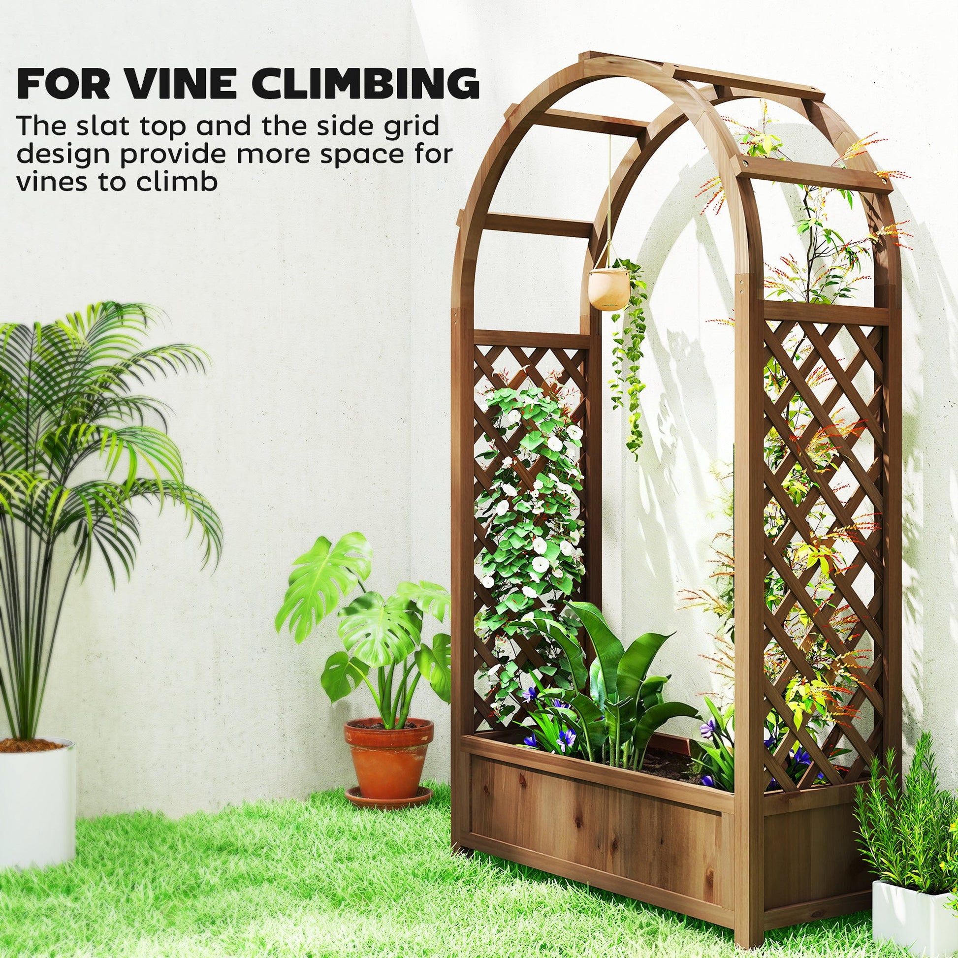 Raised Garden Bed with Arch Trellis, 59.8" Freestanding Garden Planter Box, Outdoor Planter Container for Vine Climbing Plant Flower Herb, Dark Brown Wood Effect
