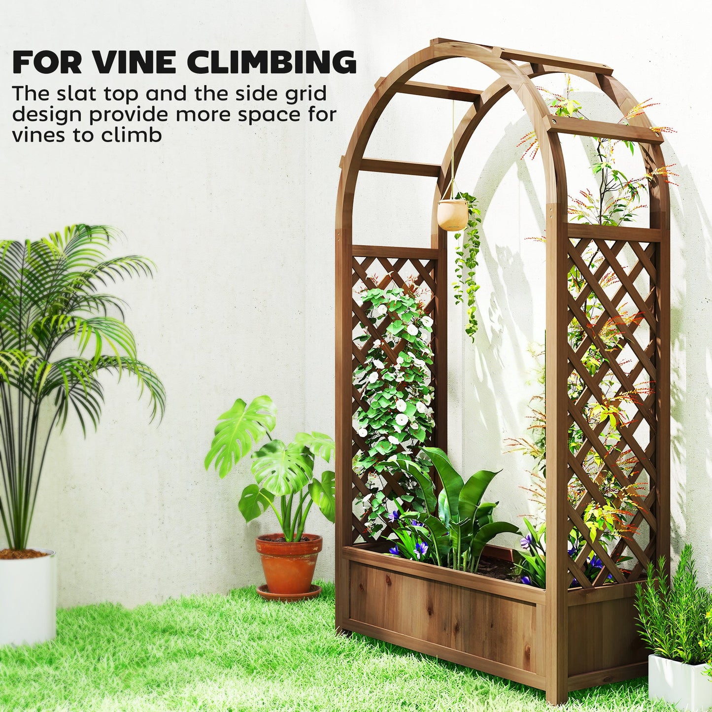 Raised Garden Bed with Arch Trellis, 59.8" Freestanding Garden Planter Box, Outdoor Planter Container for Vine Climbing Plant Flower Herb, Dark Brown Wood Effect