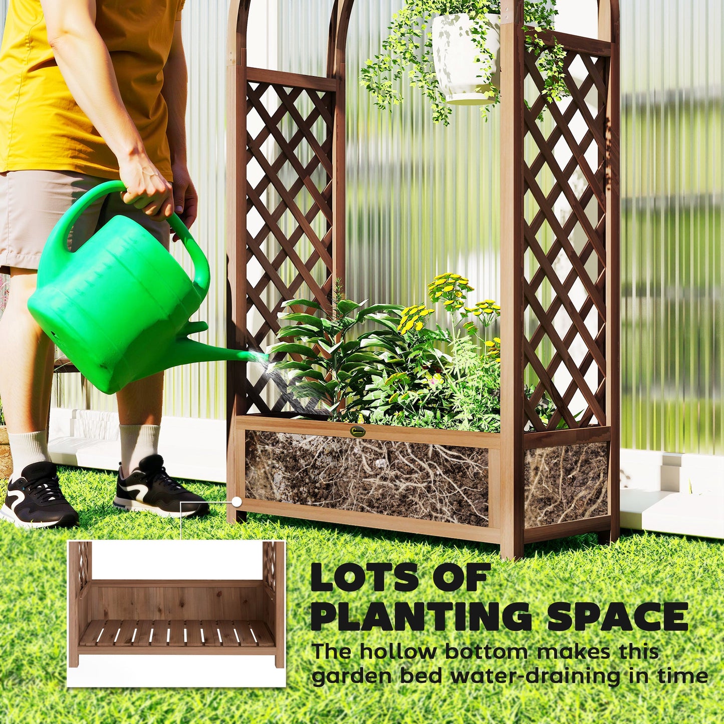 Raised Garden Bed with Arch Trellis, 59.8" Freestanding Garden Planter Box, Outdoor Planter Container for Vine Climbing Plant Flower Herb, Dark Brown Wood Effect