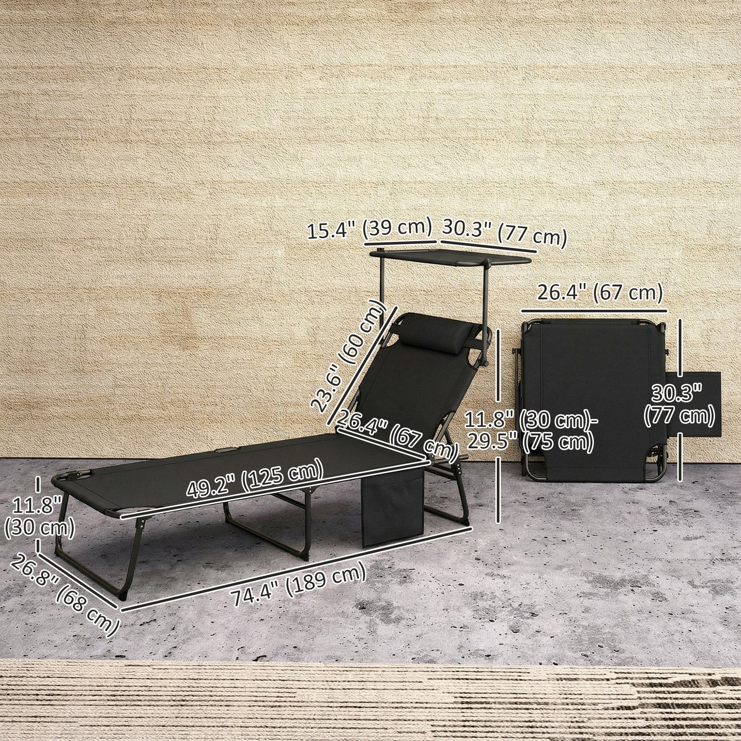 Folding Chaise Lounge Chair with Cushion and Adjustable Sun Shade, 4-Position Adjustable Outdoor Lounge Chair with Headrest, Sun Lounger with Cushion for Porch, Dark Grey