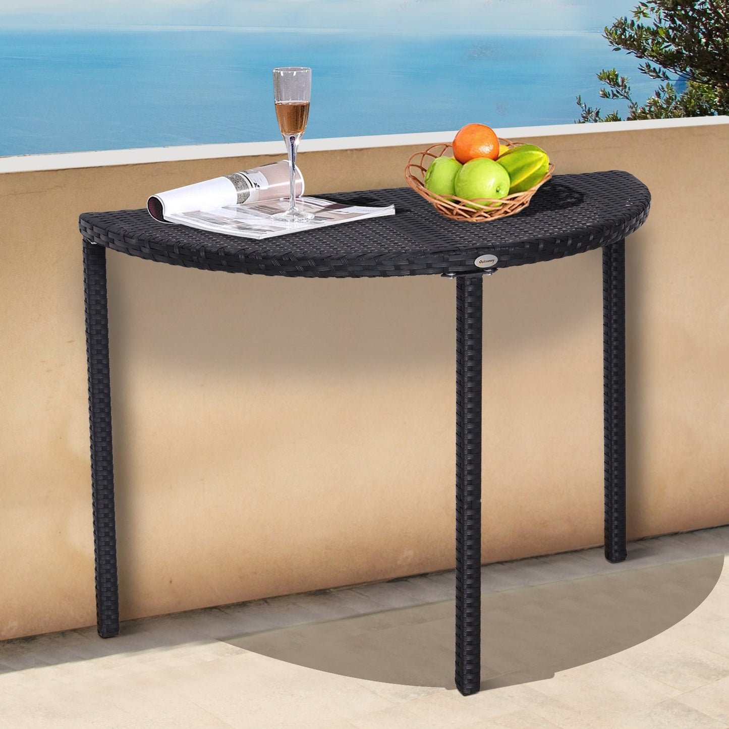 Half Round Side Table, PE Rattan Narrow Coffee Table with Metal Frame for Patio, Garden, Balcony, 39.4" x 19.7" x 29.1", Black