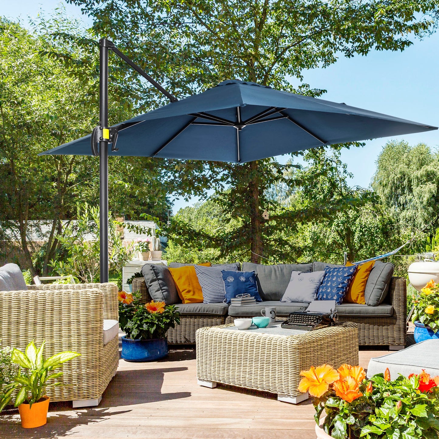 8' x 8' Square Patio Hanging Offset Umbrella with 360° Rotation, Aluminum Outdoor Cantilever Parasol with Crank & Tilt, Sun Canopy Shelter with Cross Base, Dark Blue