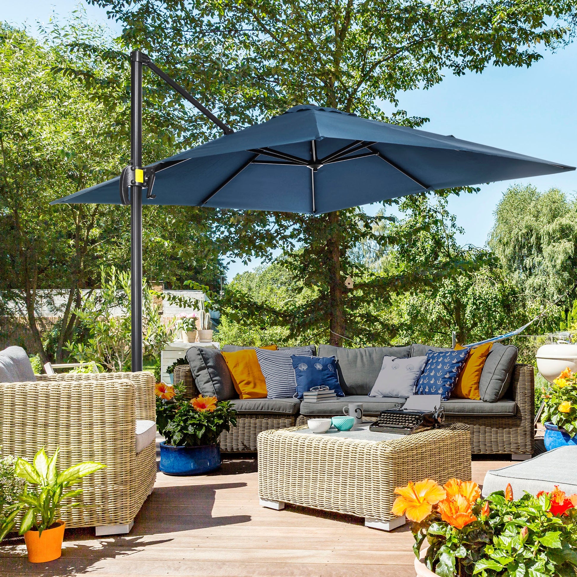 8' x 8' Square Patio Hanging Offset Umbrella with 360° Rotation, Aluminum Outdoor Cantilever Parasol with Crank & Tilt, Sun Canopy Shelter with Cross Base, Dark Blue