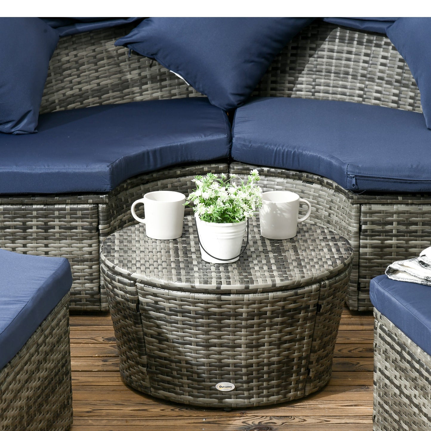 4 Pieces Outdoor Daybed with Retractable Canopy, PE Rattan Wicker Round Sofa Day Bed, Patio Sectional Conversation Furniture Set with Cushions and Pillows, Dark Blue