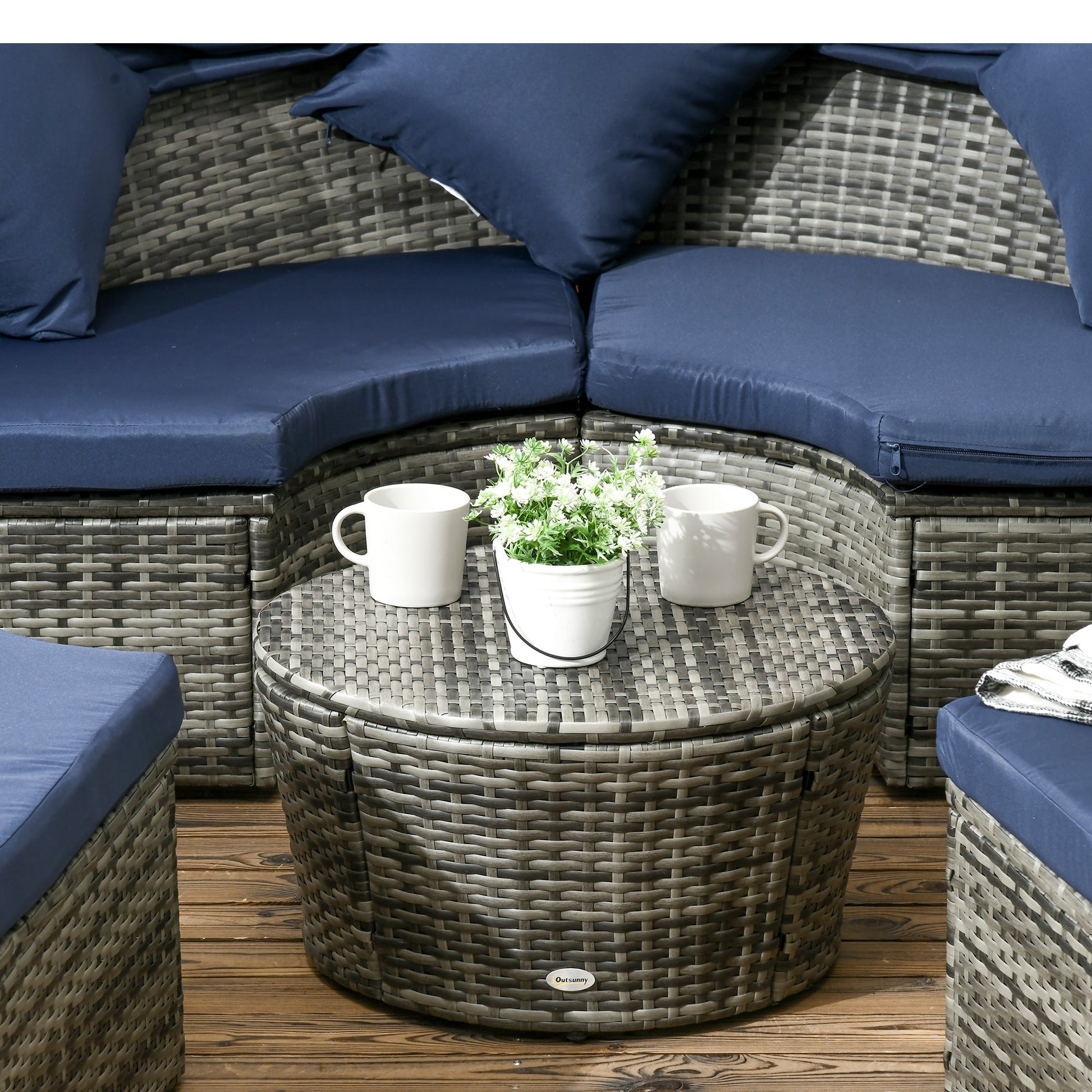 4 Pieces Outdoor Daybed with Retractable Canopy, PE Rattan Wicker Round Sofa Day Bed, Patio Sectional Conversation Furniture Set with Cushions and Pillows, Dark Blue