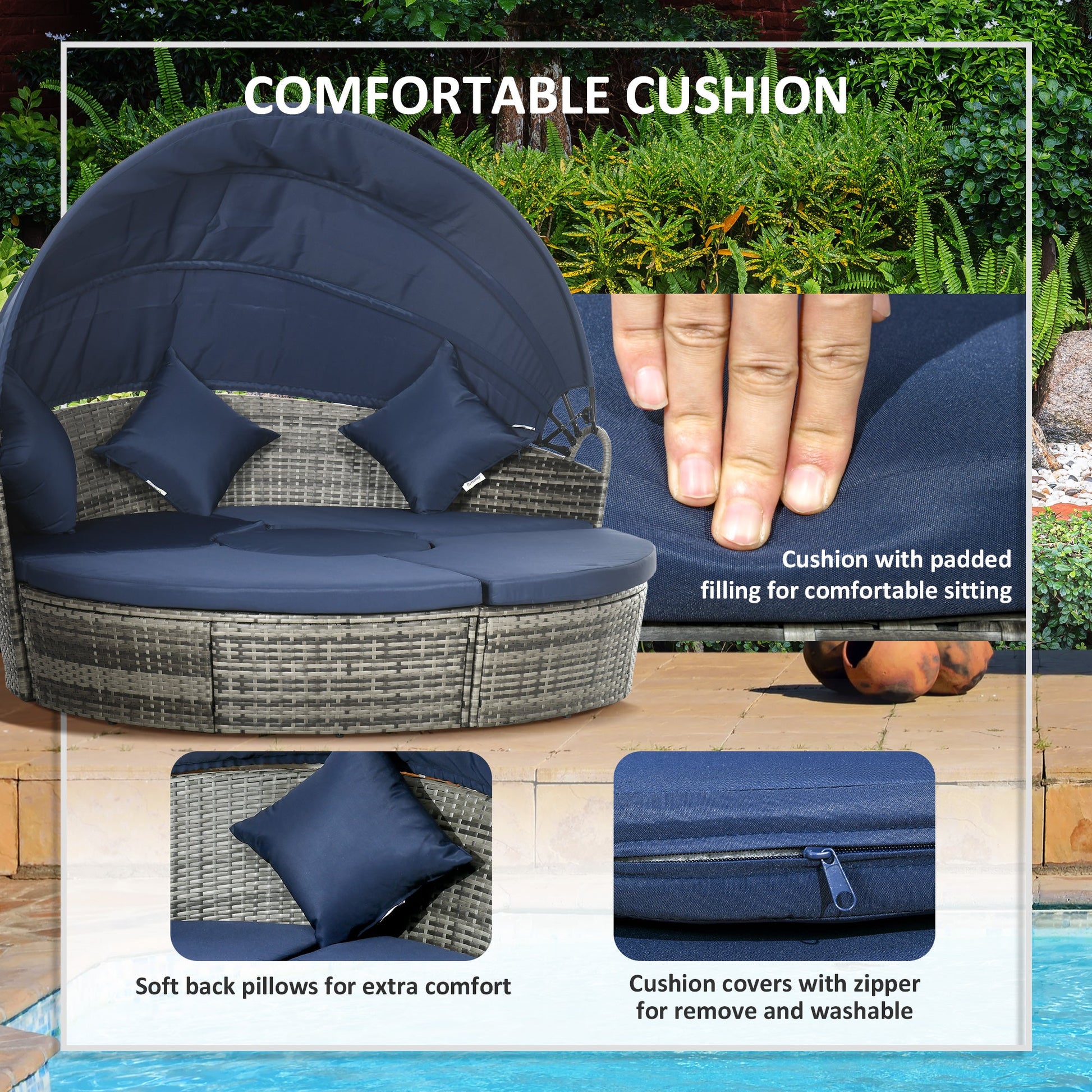4 Pieces Outdoor Daybed with Retractable Canopy, PE Rattan Wicker Round Sofa Day Bed, Patio Sectional Conversation Furniture Set with Cushions and Pillows, Dark Blue