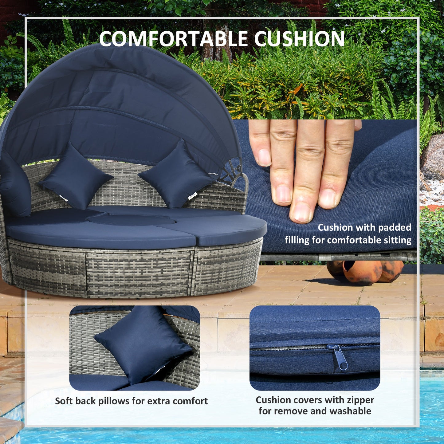 4 Pieces Outdoor Daybed with Retractable Canopy, PE Rattan Wicker Round Sofa Day Bed, Patio Sectional Conversation Furniture Set with Cushions and Pillows, Dark Blue