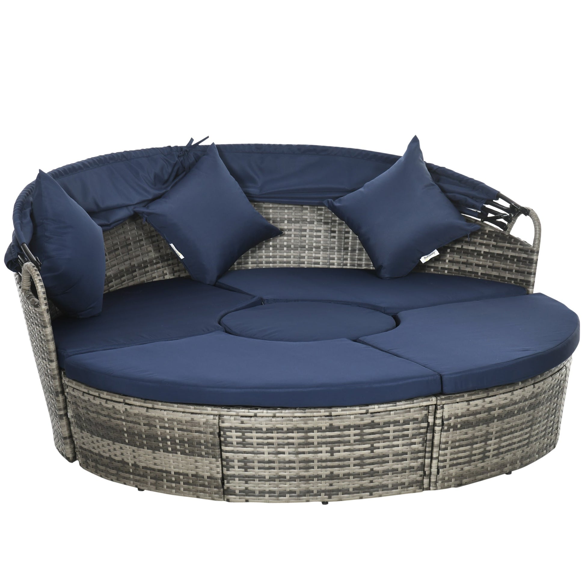 4 Pieces Outdoor Daybed with Retractable Canopy, PE Rattan Wicker Round Sofa Day Bed, Patio Sectional Conversation Furniture Set with Cushions and Pillows, Dark Blue