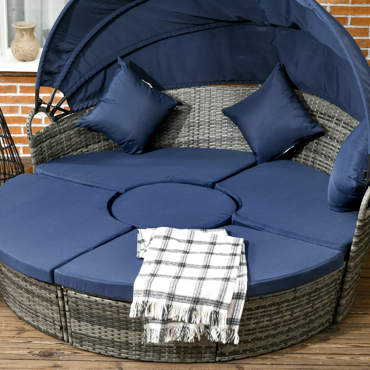 4 Pieces Outdoor Daybed with Retractable Canopy, PE Rattan Wicker Round Sofa Day Bed, Patio Sectional Conversation Furniture Set with Cushions and Pillows, Dark Blue