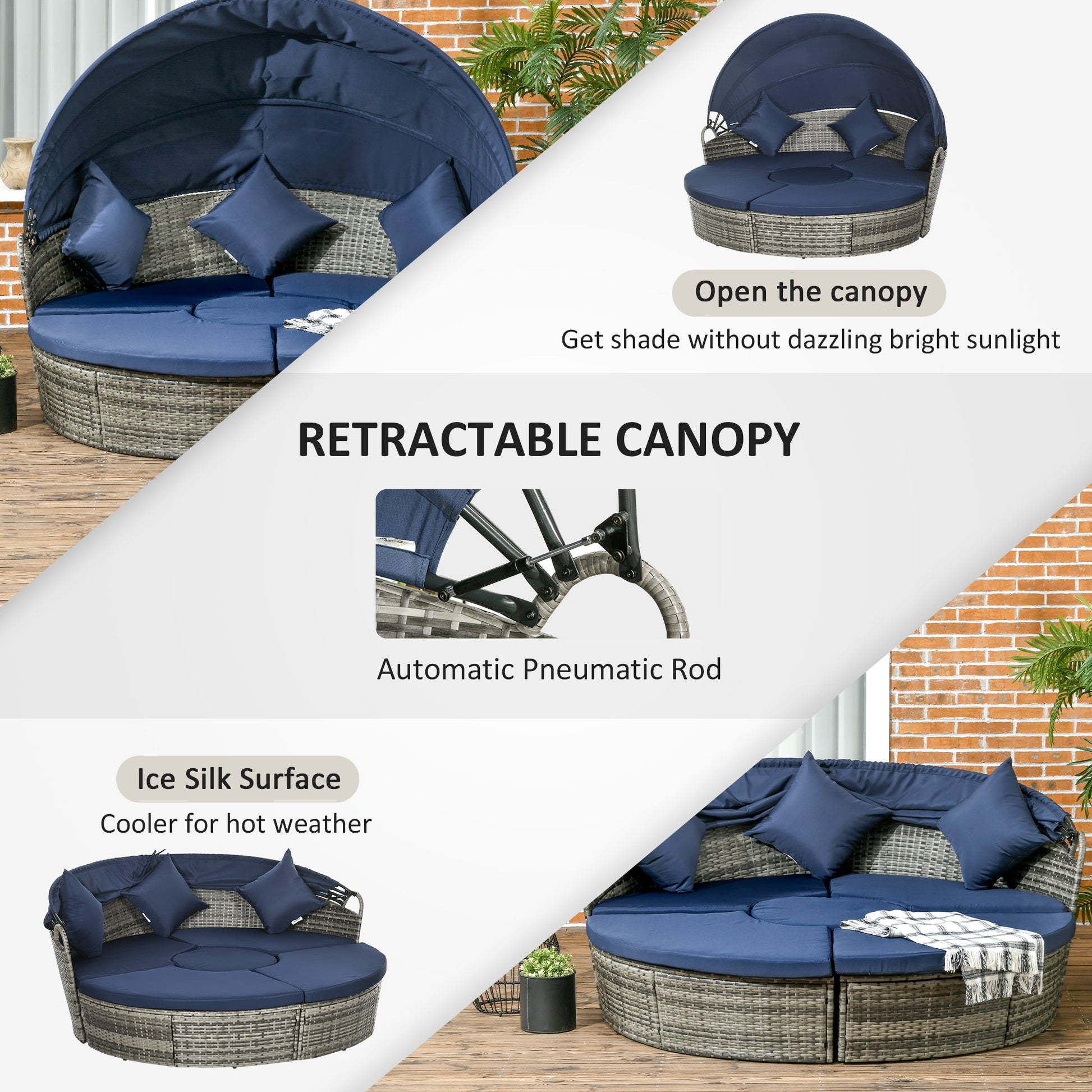 4 Pieces Outdoor Daybed with Retractable Canopy, PE Rattan Wicker Round Sofa Day Bed, Patio Sectional Conversation Furniture Set with Cushions and Pillows, Dark Blue