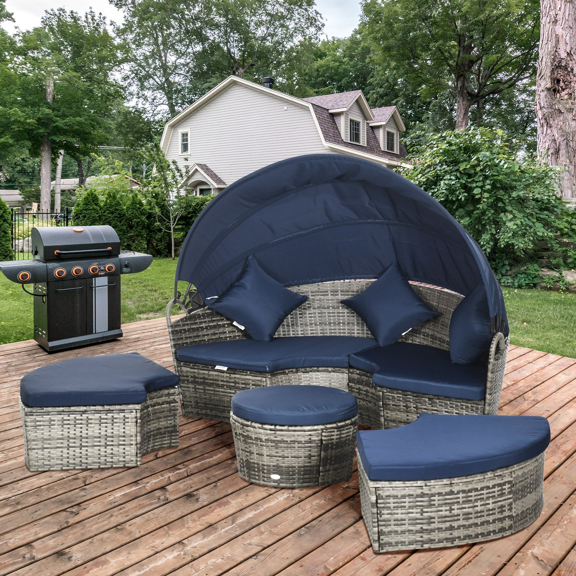 4 Pieces Outdoor Daybed with Retractable Canopy, PE Rattan Wicker Round Sofa Day Bed, Patio Sectional Conversation Furniture Set with Cushions and Pillows, Dark Blue