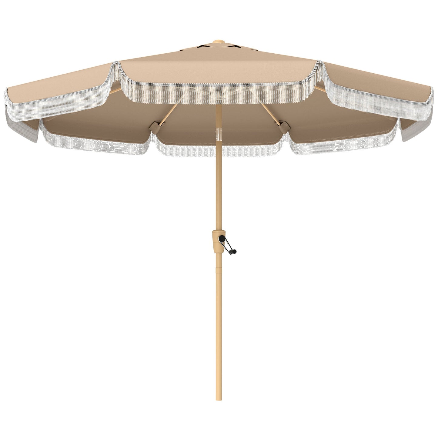 9 ft Patio Umbrella with Push Button Tilt and Crank, Fringed Outdoor Market Table Umbrella Parasol with Vent, 8 Ribs for Garden, Deck, Pool, Khaki