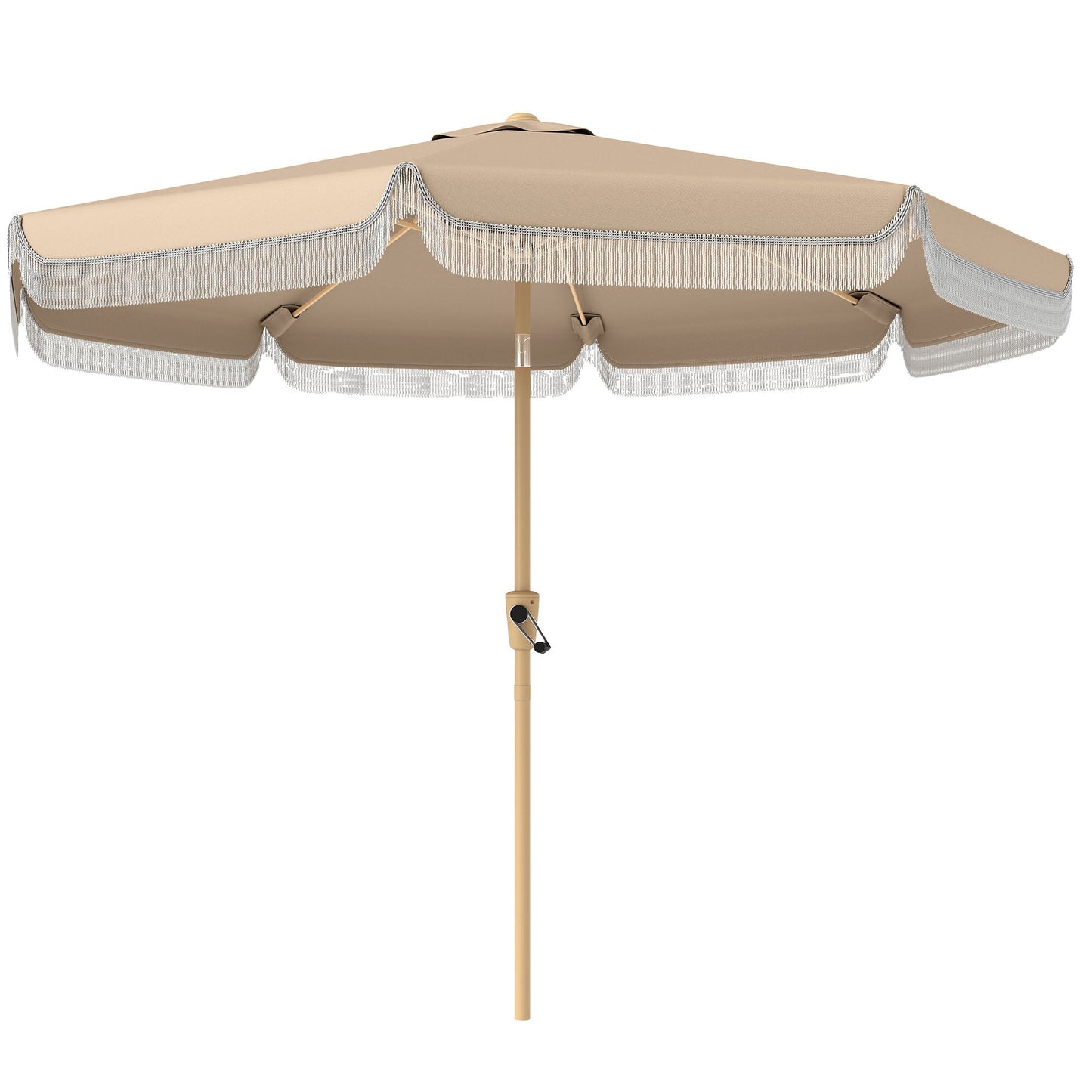 9 ft Patio Umbrella with Push Button Tilt and Crank, Fringed Outdoor Market Table Umbrella Parasol with Vent, 8 Ribs for Garden, Deck, Pool, Khaki
