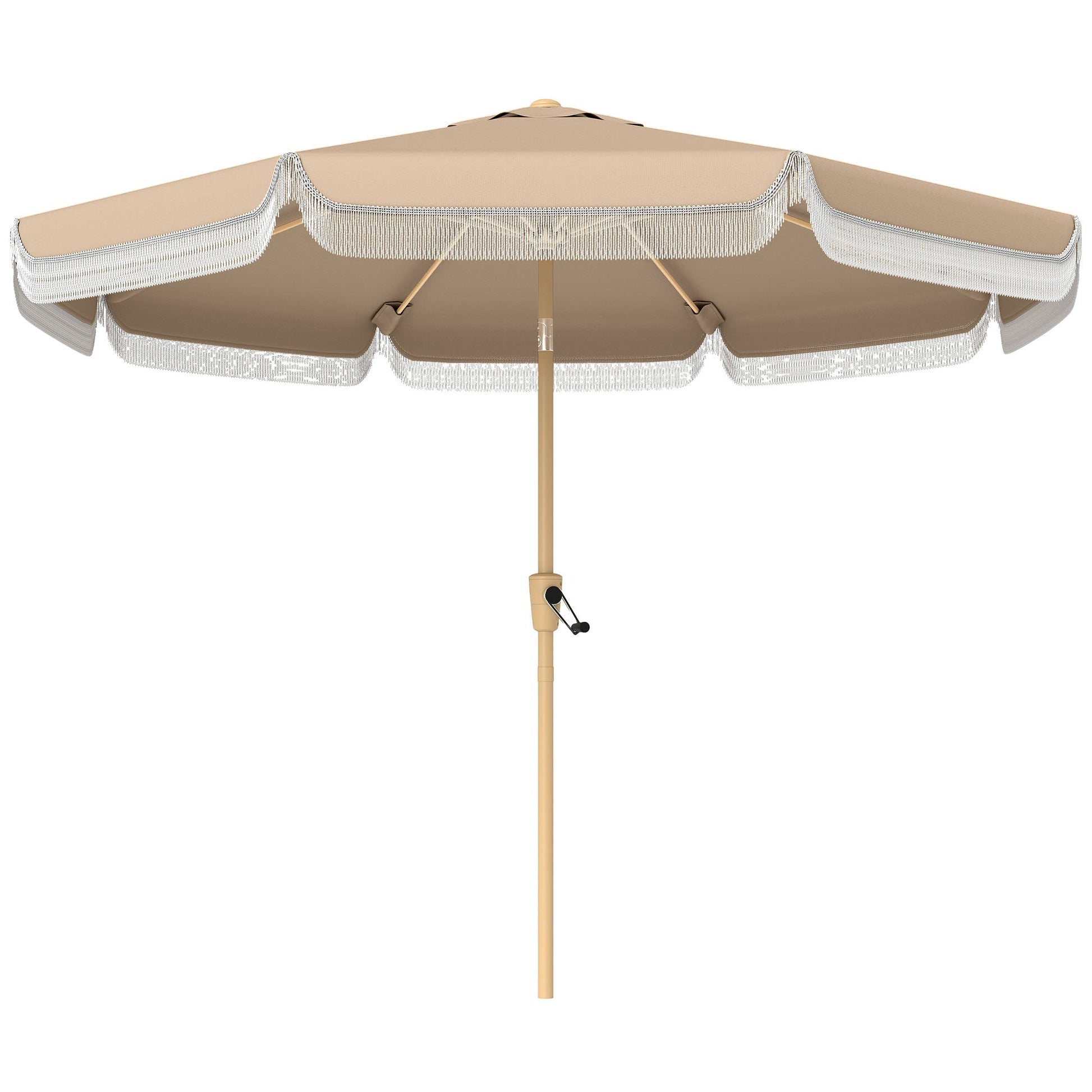 9 ft Patio Umbrella with Push Button Tilt and Crank, Fringed Outdoor Market Table Umbrella Parasol with Vent, 8 Ribs for Garden, Deck, Pool, Khaki