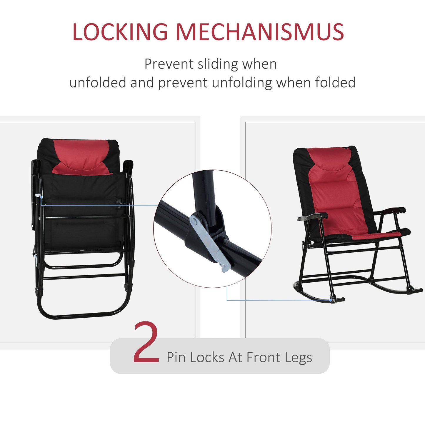 2pc Patio Foldable Rocking Chair Set w/ Soft Padded Seat, Backrest, and Headrest for park, backyard, garden, Red