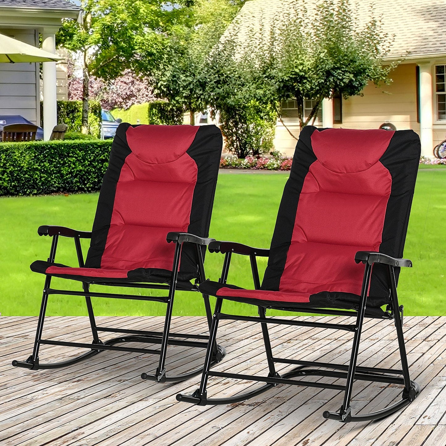 2pc Patio Foldable Rocking Chair Set w/ Soft Padded Seat, Backrest, and Headrest for park, backyard, garden, Red