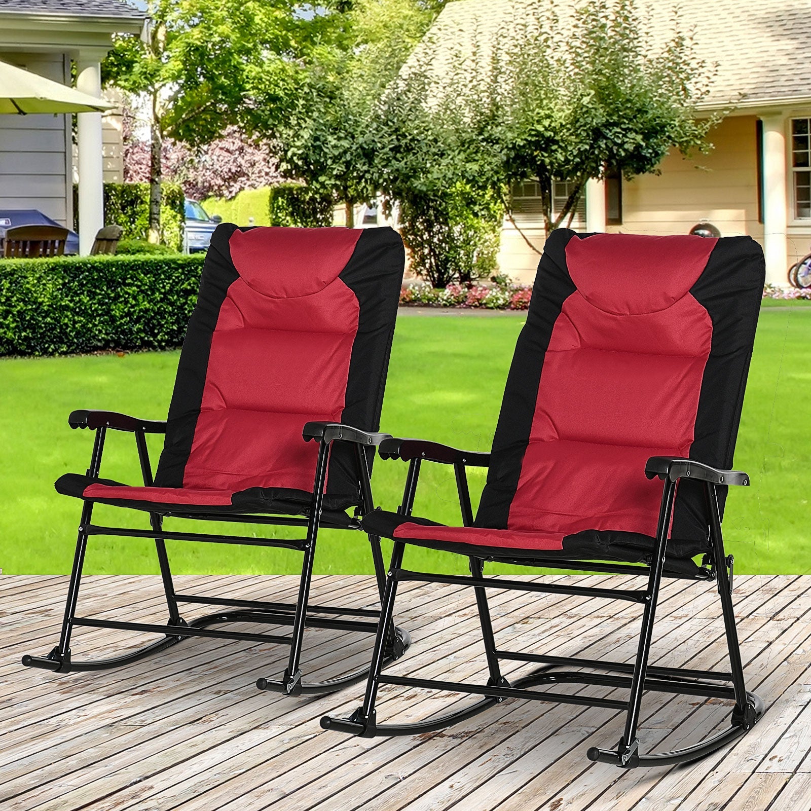 2pc Patio Foldable Rocking Chair Set w/ Soft Padded Seat, Backrest, and Headrest for park, backyard, garden, Red