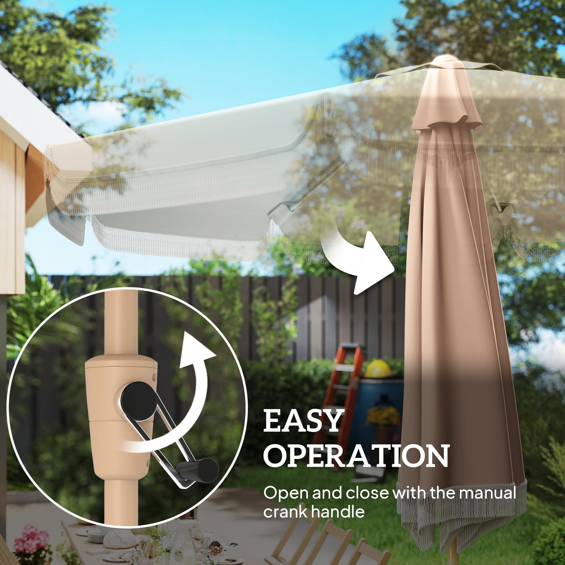 9 ft Patio Umbrella with Push Button Tilt and Crank, Fringed Outdoor Market Table Umbrella Parasol with Vent, 8 Ribs for Garden, Deck, Pool, Khaki