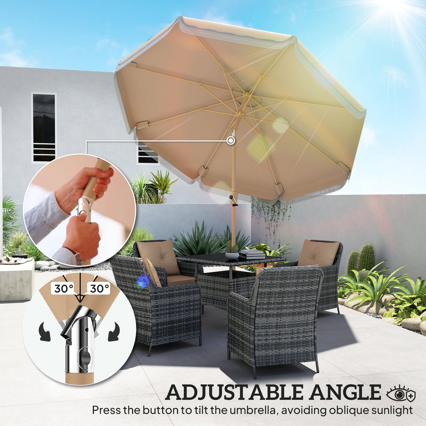 9 ft Patio Umbrella with Push Button Tilt and Crank, Fringed Outdoor Market Table Umbrella Parasol with Vent, 8 Ribs for Garden, Deck, Pool, Khaki
