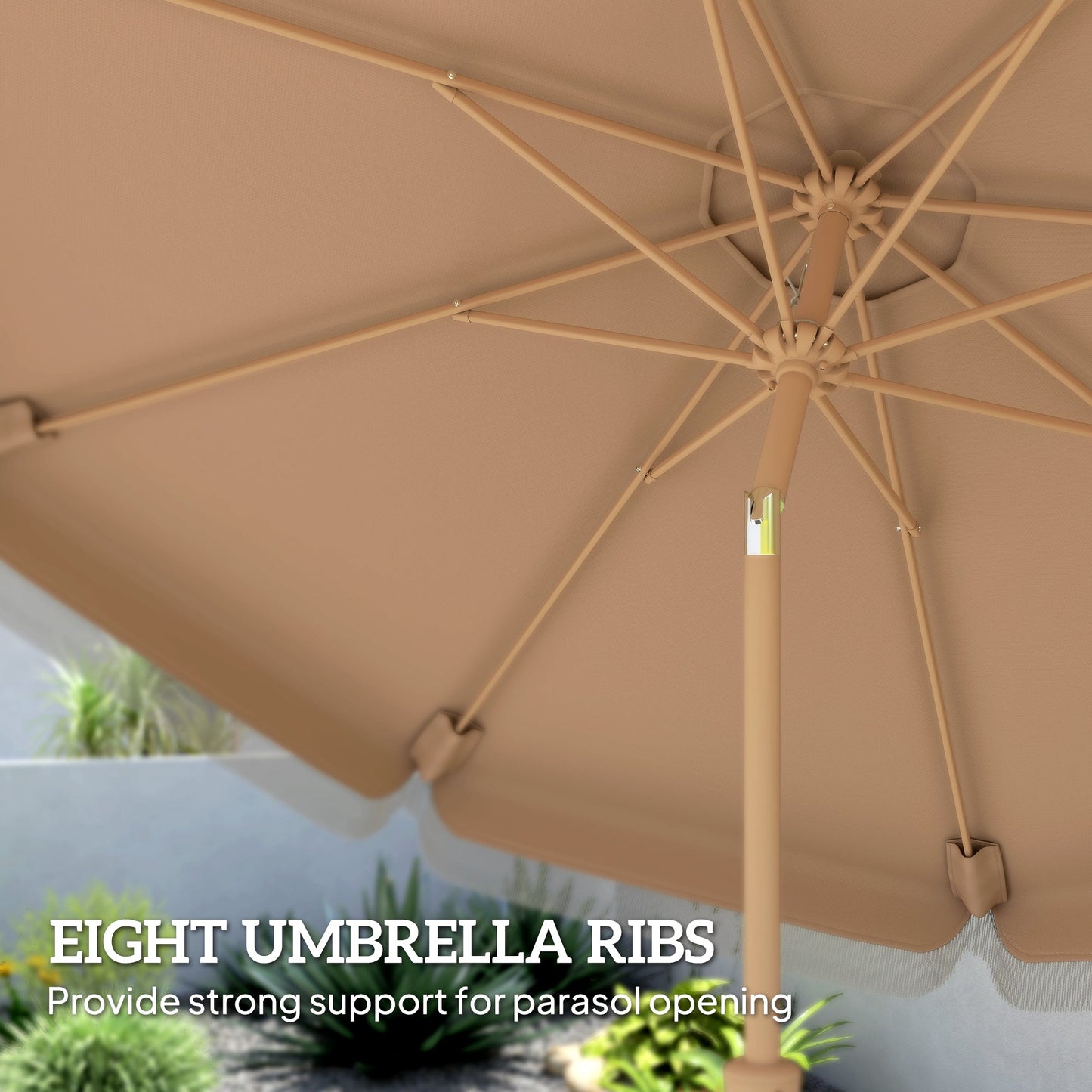 9 ft Patio Umbrella with Push Button Tilt and Crank, Fringed Outdoor Market Table Umbrella Parasol with Vent, 8 Ribs for Garden, Deck, Pool, Khaki