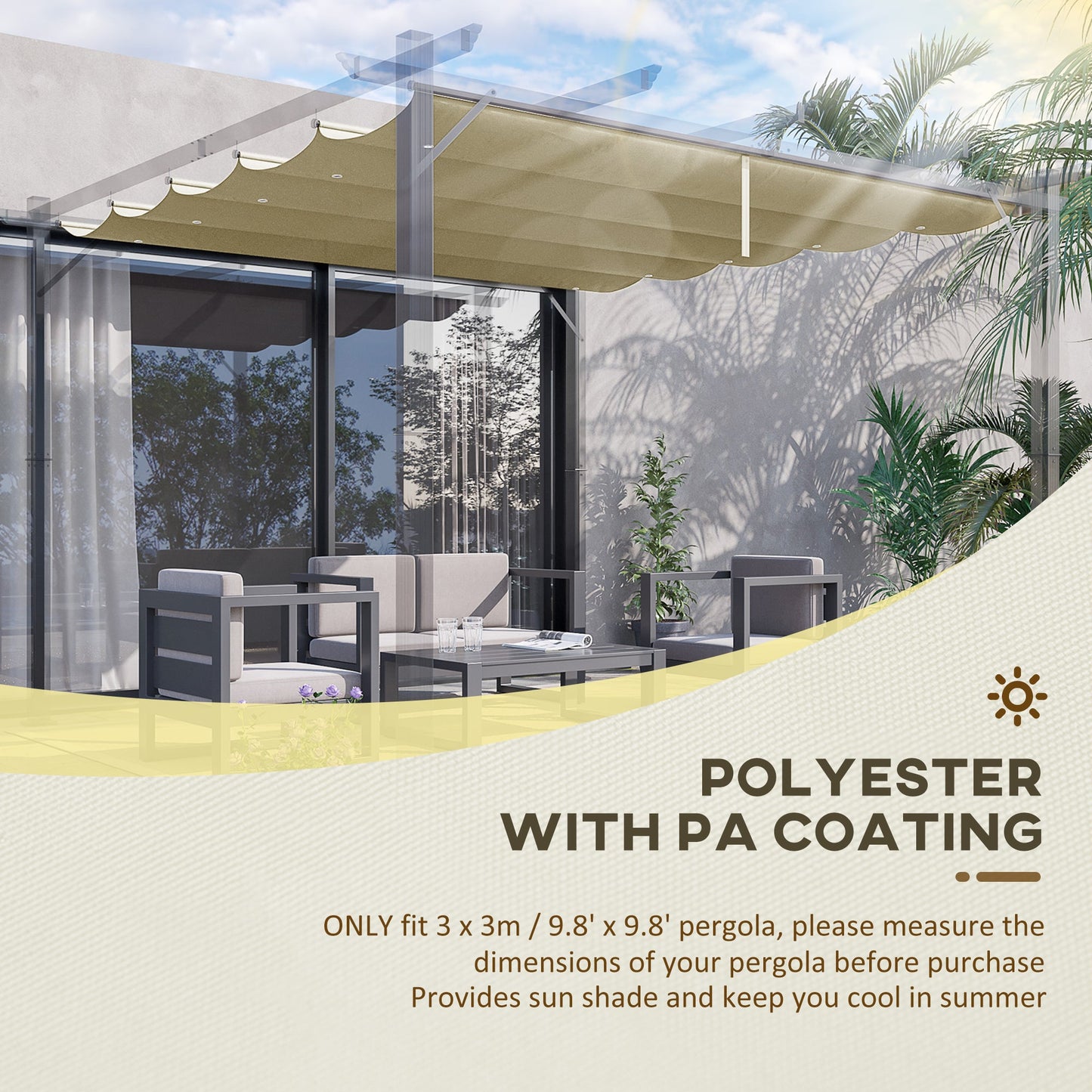 Retractable Replacement Pergola Canopy for 10' x 10' Pergola, Pergola Cover Replacement, Beige