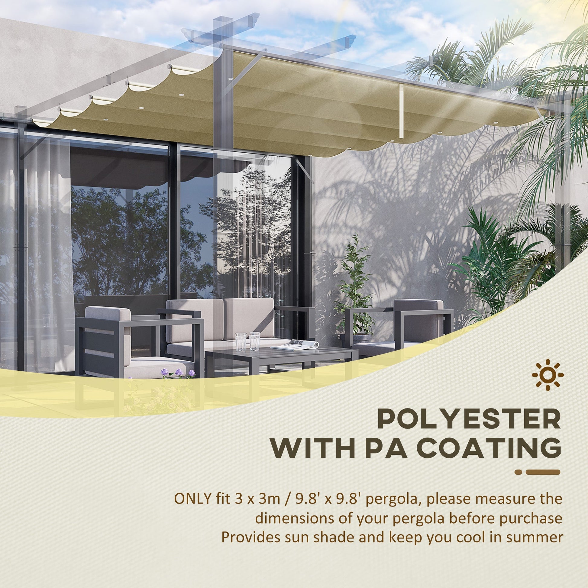 Retractable Replacement Pergola Canopy for 10' x 10' Pergola, Pergola Cover Replacement, Beige