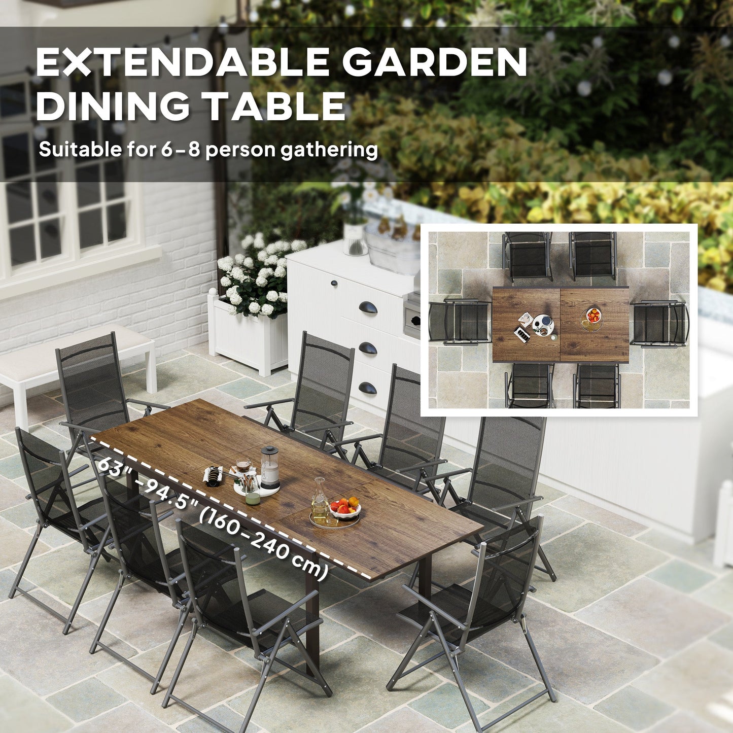 Extendable Patio Dining Table, 63"-94.5" Adjustable Outdoor Dining Table for 6-8 Person, Rectangular Table with Aluminium Edging, Steel Frame, for Porch, Deck, Garden