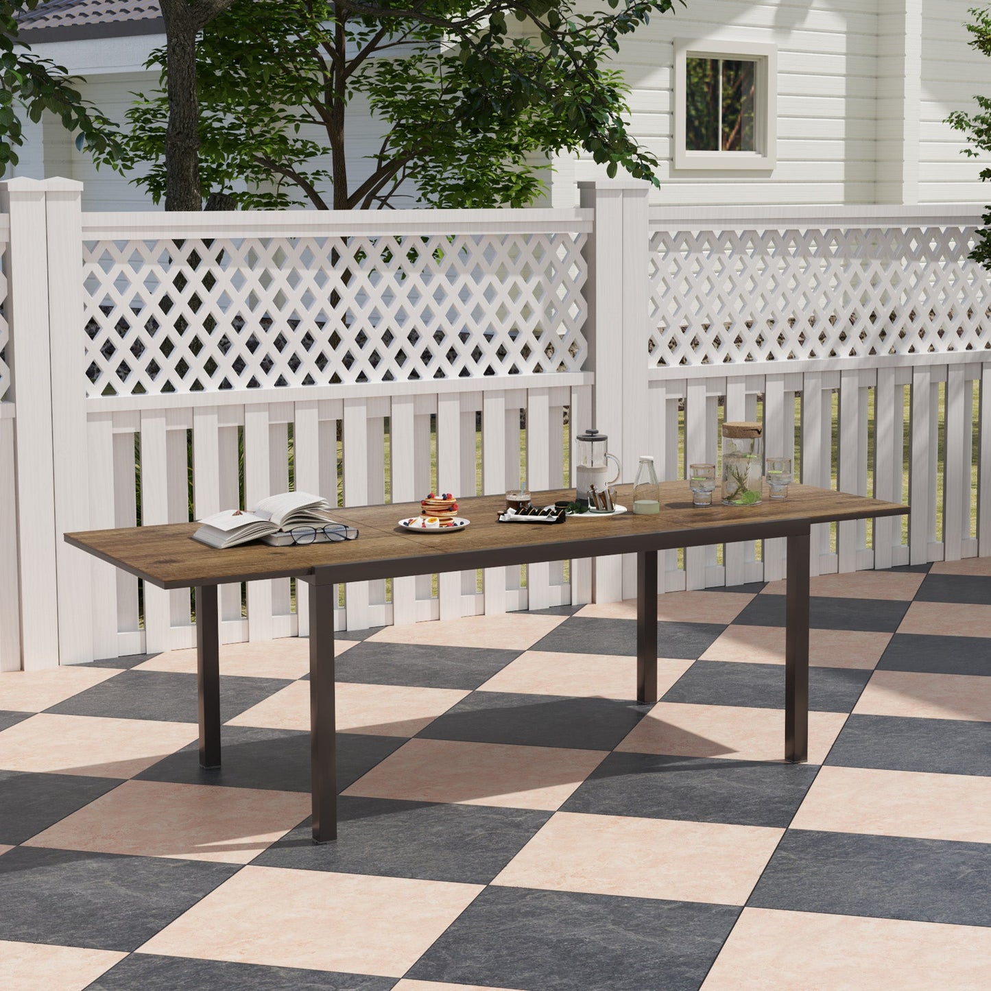 Extendable Patio Dining Table, 63"-94.5" Adjustable Outdoor Dining Table for 6-8 Person, Rectangular Table with Aluminium Edging, Steel Frame, for Porch, Deck, Garden