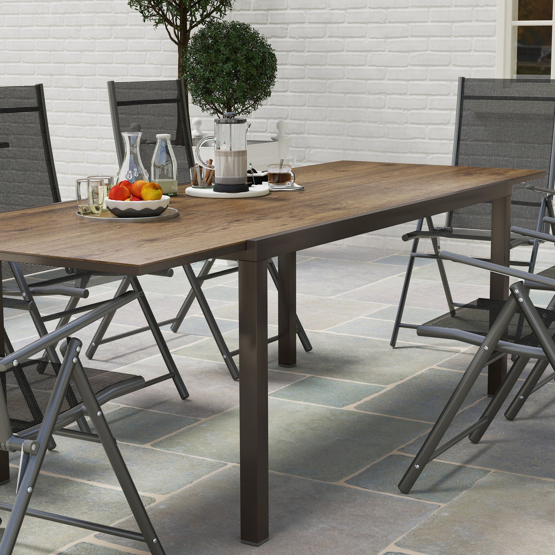 Extendable Patio Dining Table, 63"-94.5" Adjustable Outdoor Dining Table for 6-8 Person, Rectangular Table with Aluminium Edging, Steel Frame, for Porch, Deck, Garden