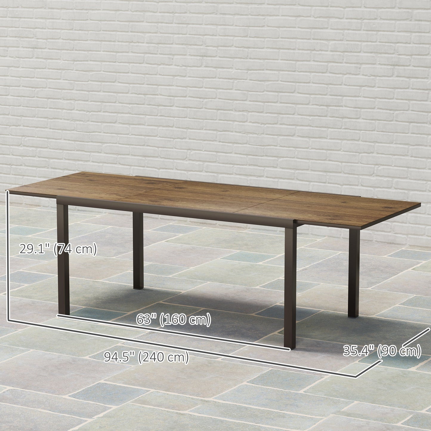 Extendable Patio Dining Table, 63"-94.5" Adjustable Outdoor Dining Table for 6-8 Person, Rectangular Table with Aluminium Edging, Steel Frame, for Porch, Deck, Garden