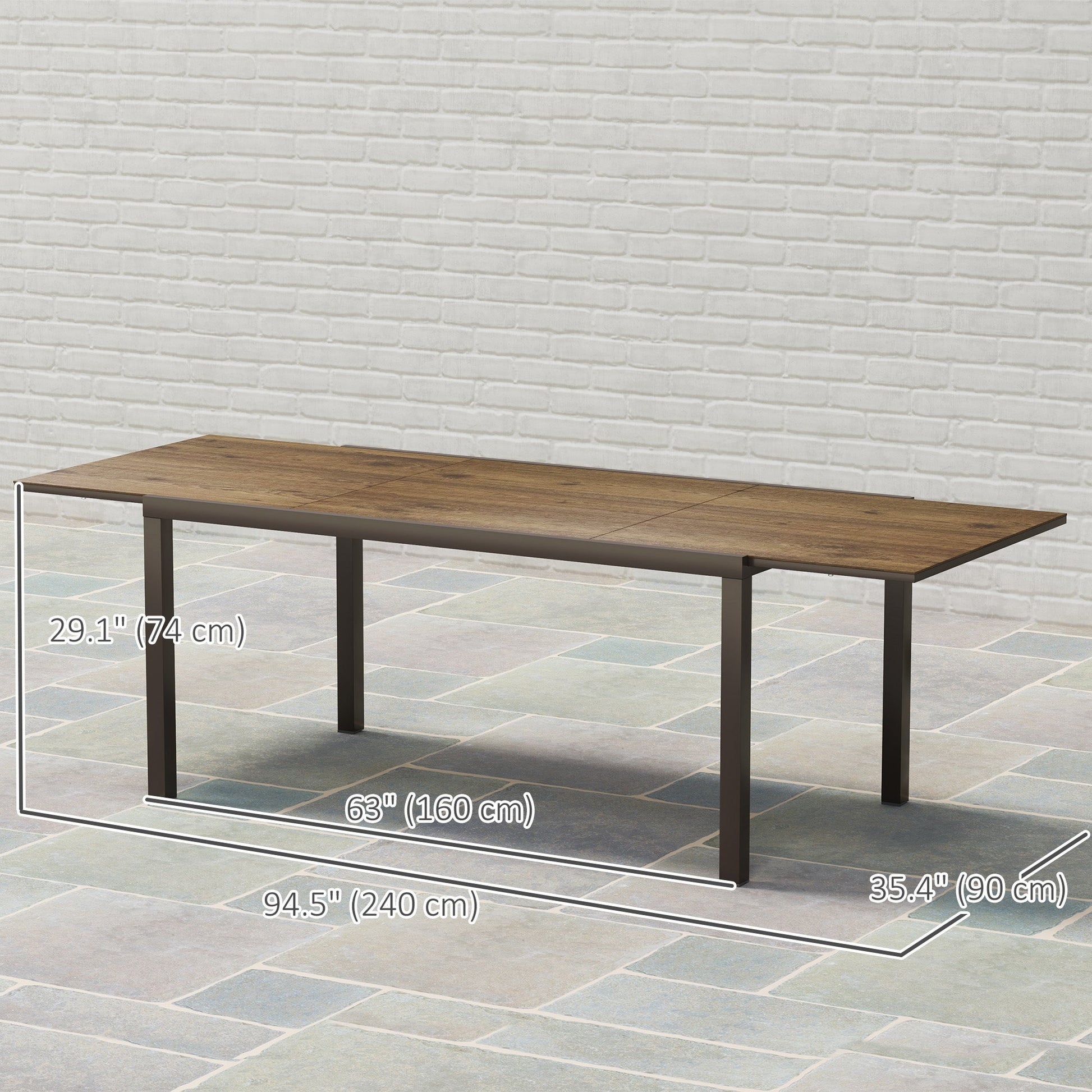 Extendable Patio Dining Table, 63"-94.5" Adjustable Outdoor Dining Table for 6-8 Person, Rectangular Table with Aluminium Edging, Steel Frame, for Porch, Deck, Garden